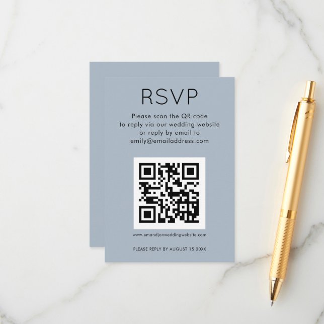 Tarjeta De Recepción Código QR simple Boda azul turbia RSVP (Anverso/Reverso In Situ)