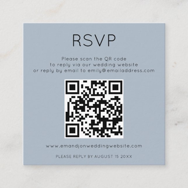 Tarjeta De Recepción Código QR simple Boda azul turbia RSVP Gabinete C (Anverso)