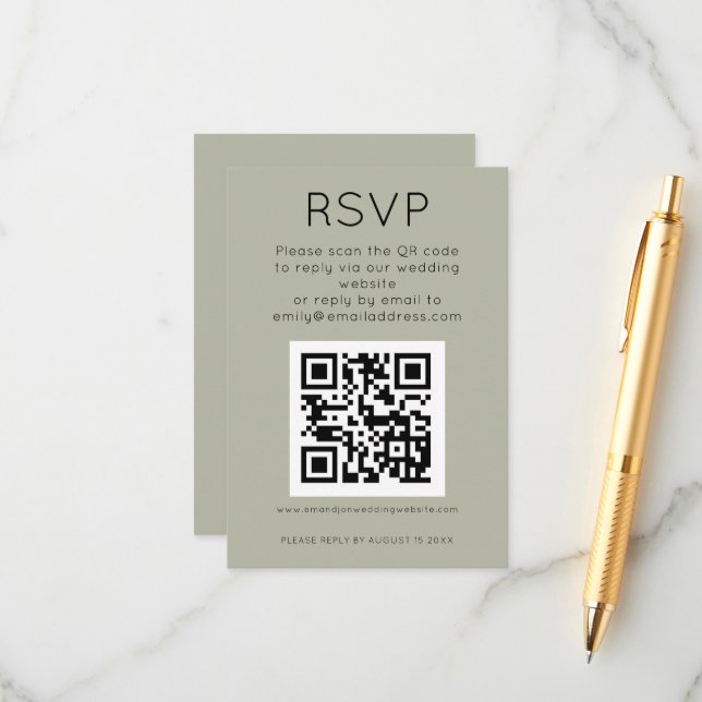 Tarjeta De Recepción Código QR simple Boda de sabio suave RSVP (Anverso/Reverso In Situ)