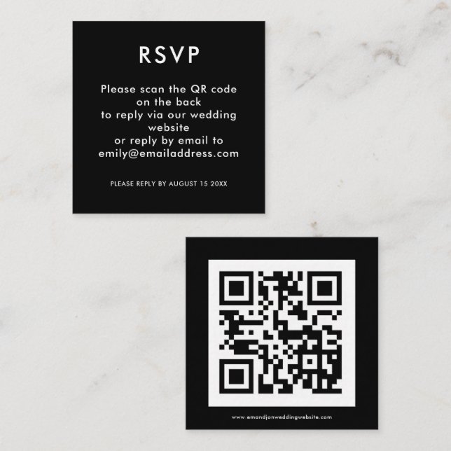 Tarjeta De Recepción Código QR simple Boda negra blanca RSVP (Anverso / Reverso)