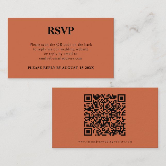 Tarjeta De Recepción Código QR simple Boda Terracotta RSVP (Anverso / Reverso)