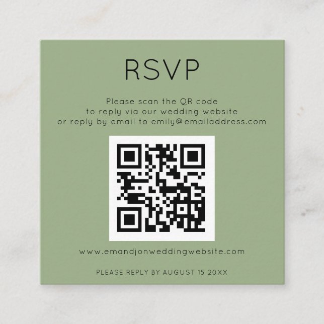 Tarjeta De Recepción Código QR simple Boda verde sabia RSVP Gabinete C (Anverso)