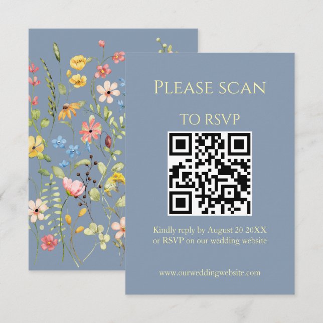 Tarjeta De Recepción Código QR simple de flor silvestre azul y Boda RSV (Anverso / Reverso)
