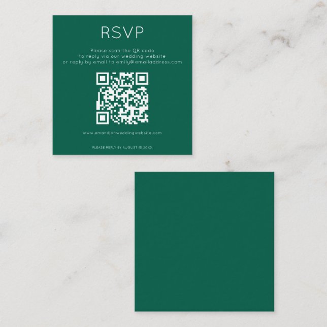 Tarjeta De Recepción Código QR simple matrimonio esmeralda RSVP (Anverso / Reverso)