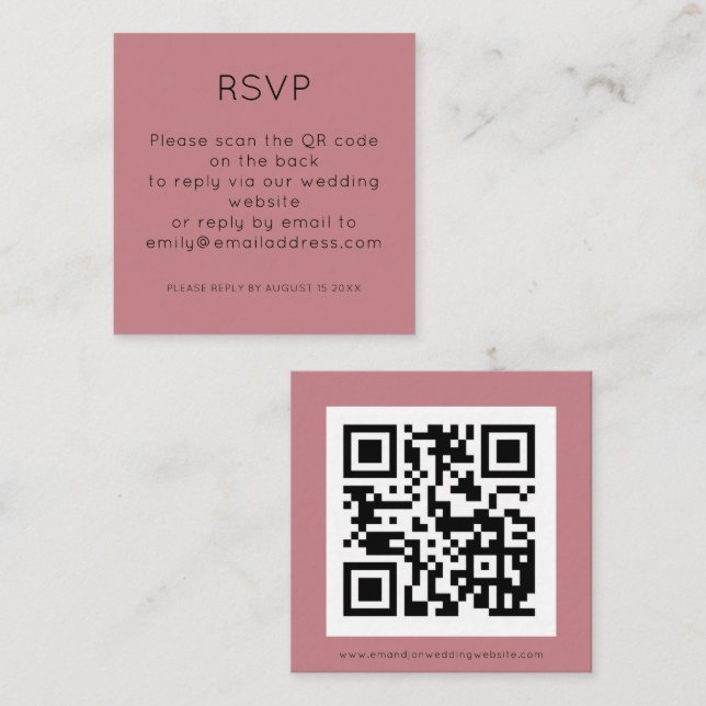 Tarjeta De Recepción Código QR simple Rosa polvoriento Boda rosa RSVP (Anverso / Reverso)