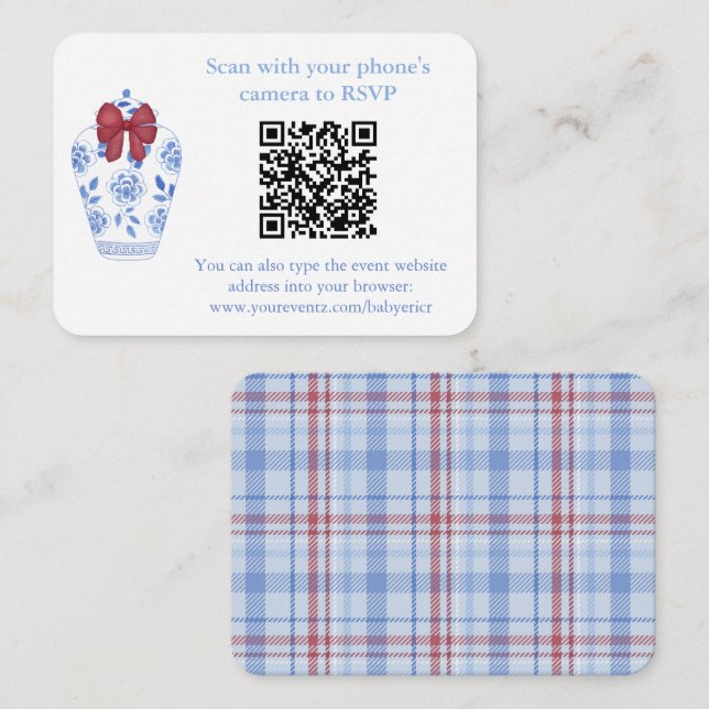 Tarjeta De Recepción Código QR Tartán Rojo Azul Bodas RSVP Shower (Anverso / Reverso)