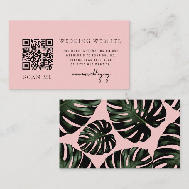 Tarjeta De Recepción Código QR Tropical Rosa Sitio Web de Boda RSVP (Anverso / Reverso)