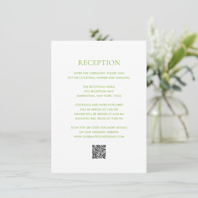 Tarjeta De Recepción Código QR Verde de Lima Limpio Boda Elegante (Anverso de pie)