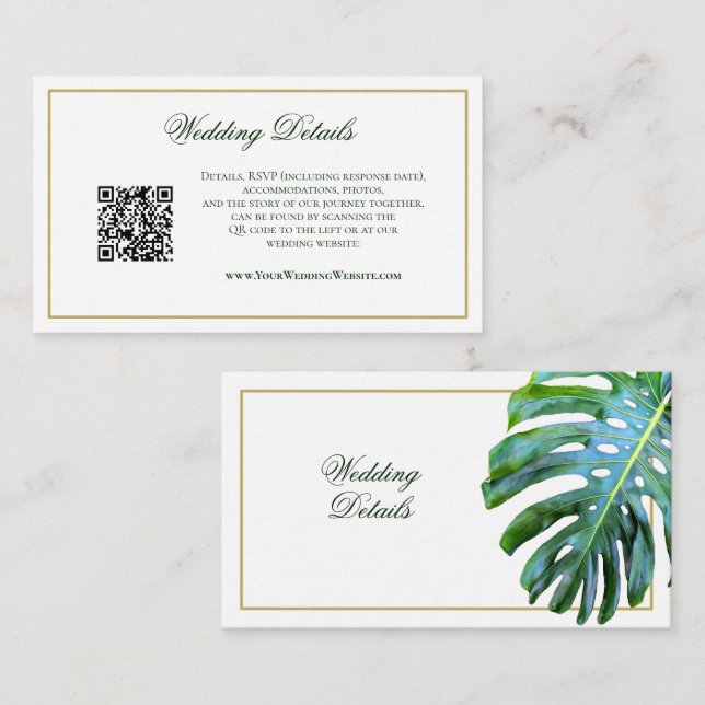 Tarjeta De Recepción Código QR Verdor tropical Monstera Boda Detalles (Anverso / Reverso)