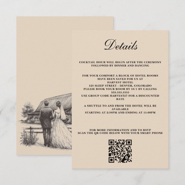 Tarjeta De Recepción Código QR y detalles de la pareja Barn (Anverso / Reverso)