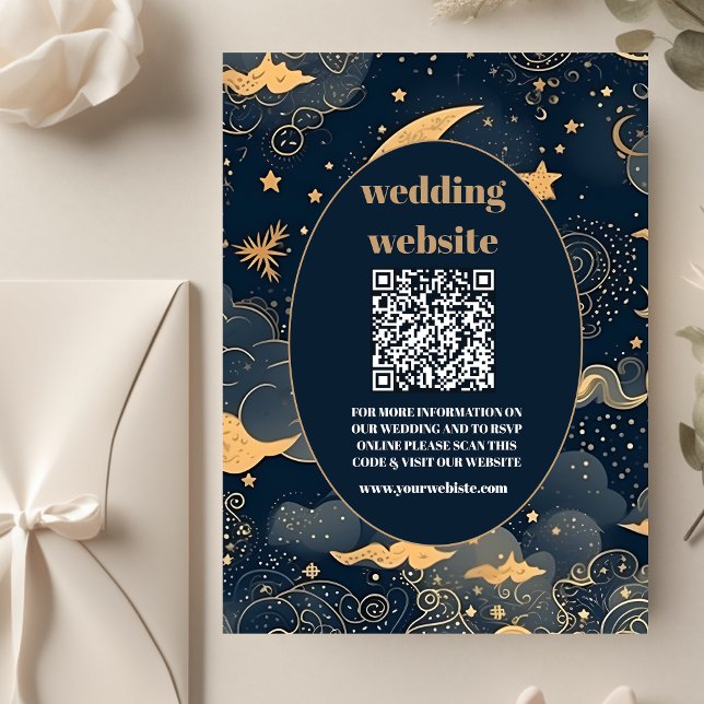 Tarjeta De Recepción código qrBoda celeste de oro azul de medianoche (Subido por el creador)