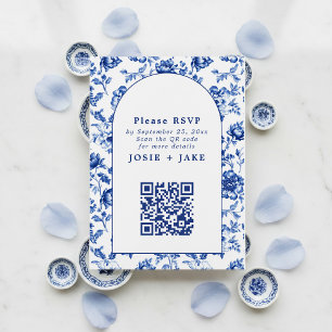 Tarjeta De Recepción Código RSVP qr con floral azul inspirado en Delfso