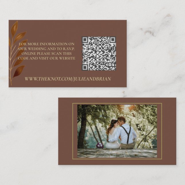 Tarjeta De Recepción Coffee Brown Gold Leaf Photo Wedding RSVP Código Q (Anverso / Reverso)