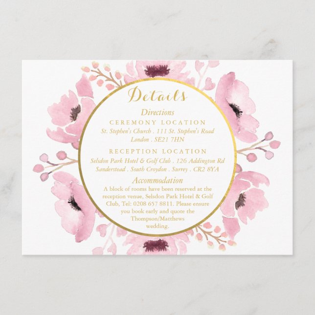 Tarjeta De Recepción Colección de Boda Floral Acuarela Rosados de Prima (Anverso)