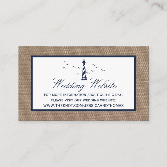 Tarjeta De Recepción Colección de Bodas Burlap del faro náutico (Anverso)
