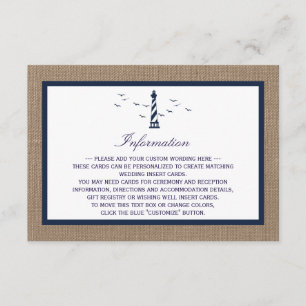 Tarjeta De Recepción Colección de Bodas Burlap del faro náutico