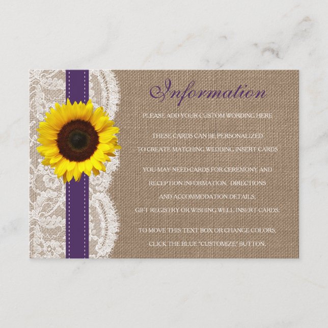Tarjeta De Recepción Colección de Bodas de girasol rústico - morado (Anverso)