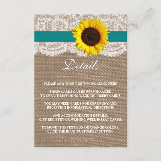 Tarjeta De Recepción Colección de Bodas de girasol rústico - Verde azul (Anverso)