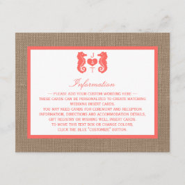 Tarjeta De Recepción Colección de Bodas de Playa Coral Seahorse Burlap