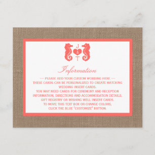 Tarjeta De Recepción Colección de Bodas de Playa Coral Seahorse Burlap
