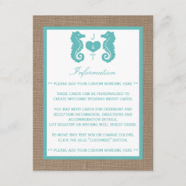 Tarjeta De Recepción Colección de Bodas Turquoise Seahors Burlap Beach