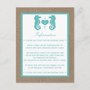 Tarjeta De Recepción Colección de Bodas Turquoise Seahors Burlap Beach