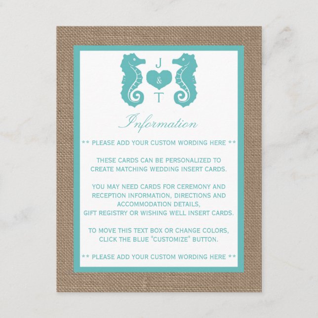 Tarjeta De Recepción Colección de Bodas Turquoise Seahors Burlap Beach (Anverso)