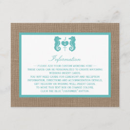 Tarjeta De Recepción Colección de Bodas Turquoise Seahorse Burlap Beach