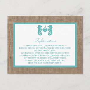 Tarjeta De Recepción Colección de Bodas Turquoise Seahorse Burlap Beach