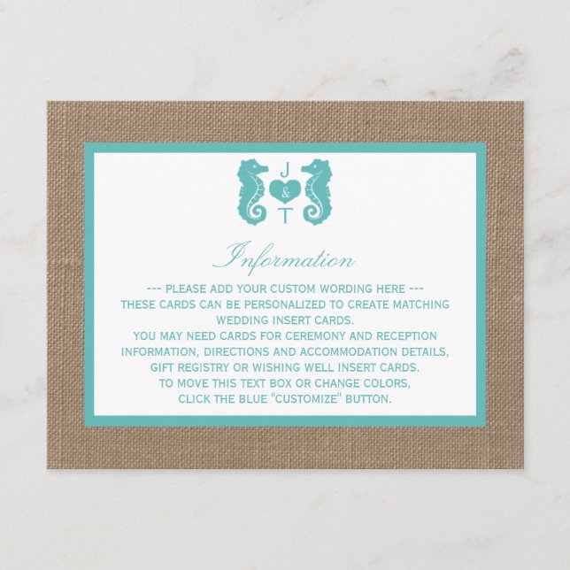 Tarjeta De Recepción Colección de Bodas Turquoise Seahorse Burlap Beach (Anverso)