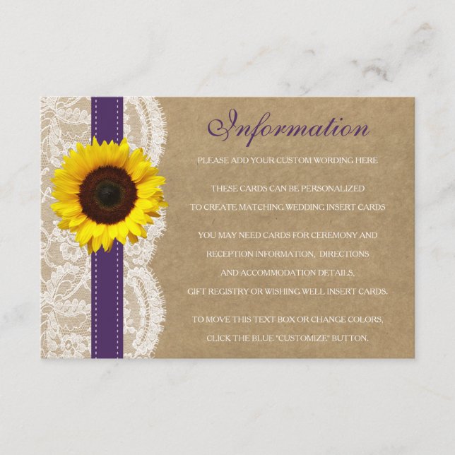 Tarjeta De Recepción Colección Kraft, Lace & Sunflower - Púrpura (Anverso)