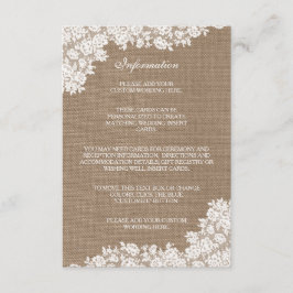 Tarjeta De Recepción Colección Rustic Burlap & Vintage White Lace