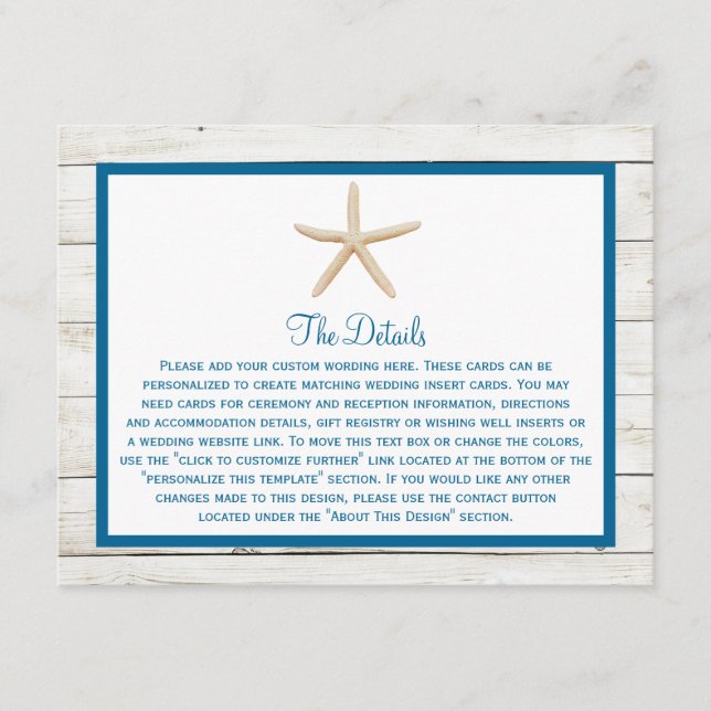 Tarjeta De Recepción Colección Starfish Whitewashed Wood Beach Wedding (Anverso)