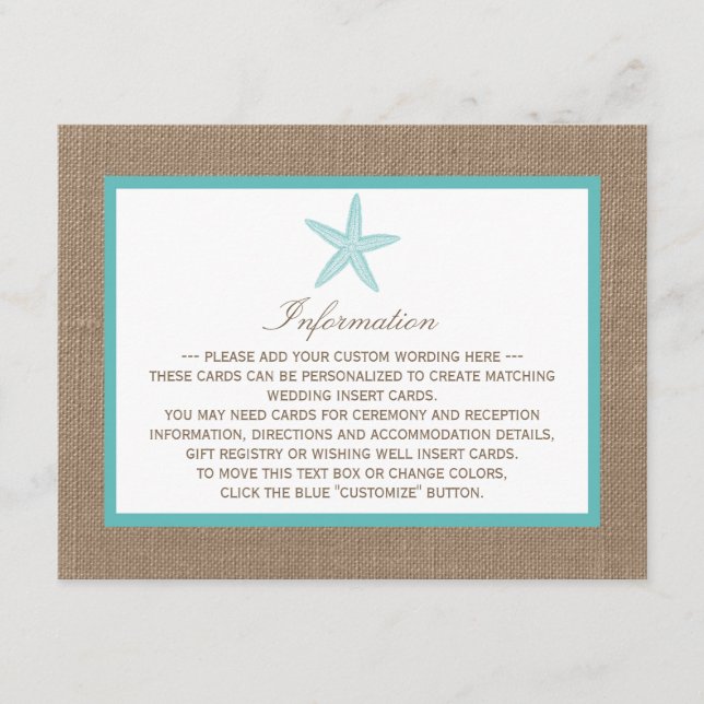 Tarjeta De Recepción Colección Turquoise Starfish Burlap Beach Wedding (Anverso)
