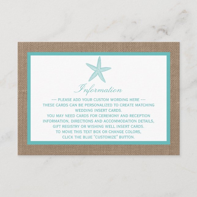 Tarjeta De Recepción Colección Turquoise Starfish Burlap Beach Wedding (Anverso)