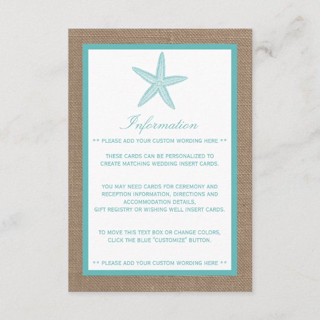 Tarjeta De Recepción Colección Turquoise Starfish Burlap Beach Wedding (Anverso)