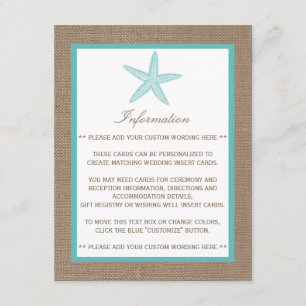 Tarjeta De Recepción Colección Turquoise Starfish Burlap Beach Wedding
