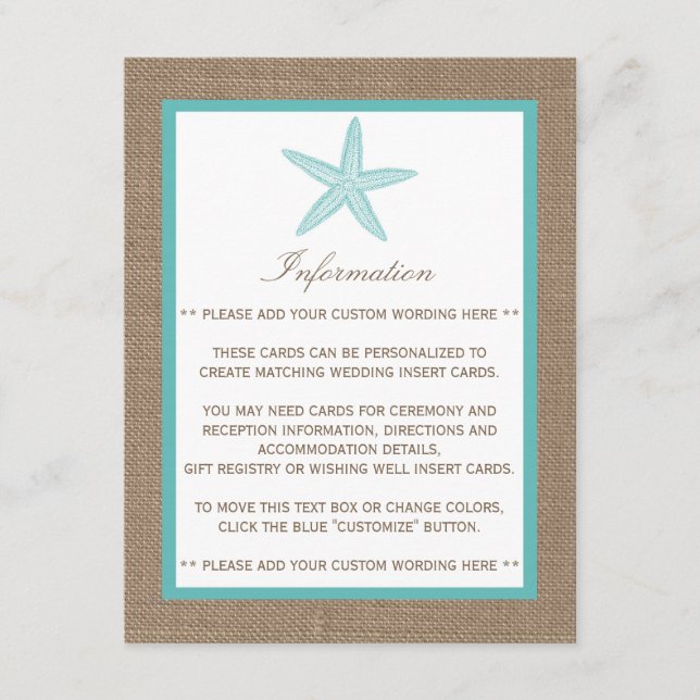 Tarjeta De Recepción Colección Turquoise Starfish Burlap Beach Wedding (Anverso)