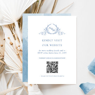 Tarjeta De Recepción Color de agua azul Monograma Código QR /RSVP Onlin