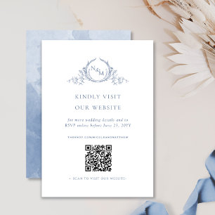 Tarjeta De Recepción Color de agua azul turbio Monograma Código QR/RSVP