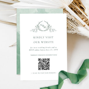 Tarjeta De Recepción Color de agua verde Monograma Código QR / RSVP Onl