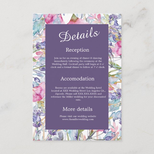 Tarjeta De Recepción color de agua violeta vegetación vegetal (Anverso)