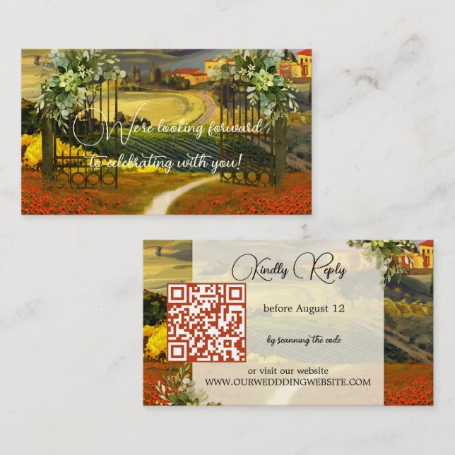 Tarjeta De Recepción Colorido Boda paisajístico toscano Código QR (Anverso / Reverso)