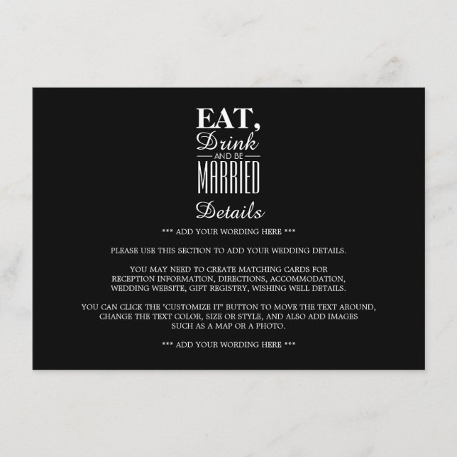 Tarjeta De Recepción Comer, beber y casarse Boda detalle (Anverso)