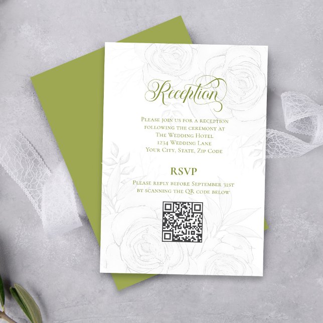 Tarjeta de Recepción con Código QR para Boda con F (Elegant greenery script wedding reception card with QR code RSVP and soft floral sketch design)