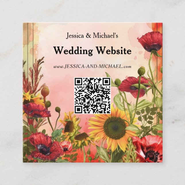 Tarjeta De Recepción 🌻 Con el sitio web del boda de código QR (Anverso)