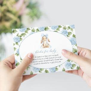 Tarjeta De Recepción Conejito Lindo, Lazo Azul, Flores Azules, Libros P