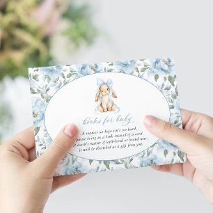 Tarjeta De Recepción Conejito Lindo, Lazo Azul, Flores Azules, Libros P