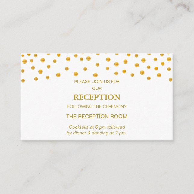 Tarjeta De Recepción Confetti de oro en Boda blanco y negro (Anverso)