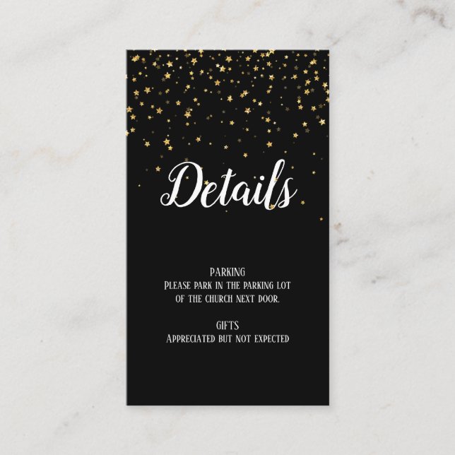 Tarjeta De Recepción Confetti de oro sobre detalles de graduación negra (Anverso)